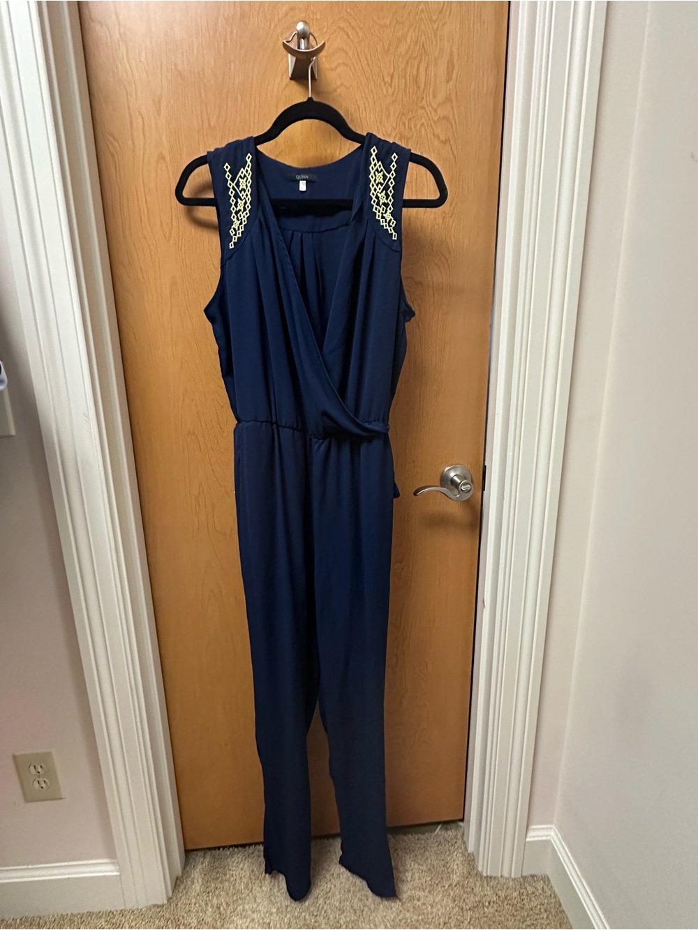 Quinn Navy Sleeveless Wrap-Front Jumpsuit with Shoulder Embellishment